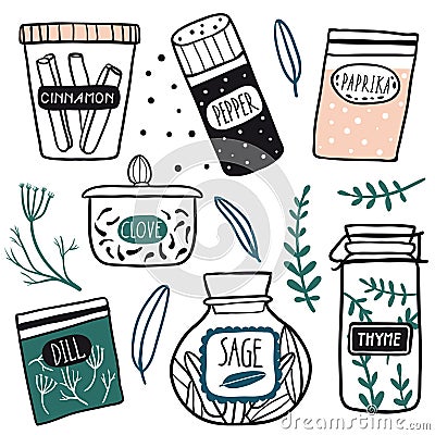 Herbs and spices jars icon set Vector Illustration