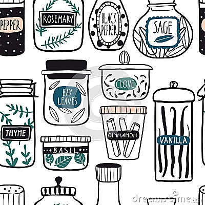 Herbs and spices jars seamless pattern Vector Illustration