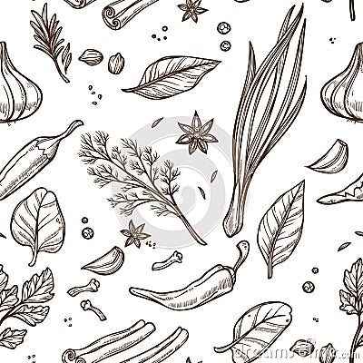 Herbs and spices sketch seamless pattern cooking seasoning Vector Illustration