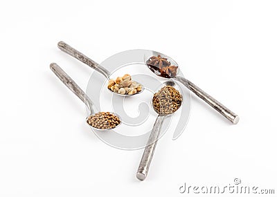 Herbs Spices Spoon Herb Spice, Various spices and herbs in silver spoons, ingredient Stock Photo
