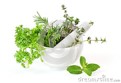 Herbs whith mortar and pestle Stock Photo