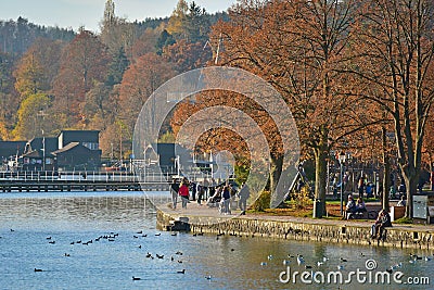 Autumn mood at the Attersee, many are looking for relaxation in sunny weather Stock Photo