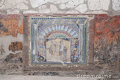 Herculaneum, Italy. Neptune and Salacia, wall mosaic in House 22, in ruins of Herculaneum / Ercolano near Naples, Italy. Editorial Stock Photo