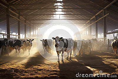Herd of cows in cowshed on dairy farm. Agriculture industry, farming and animal husbandry concept Stock Photo