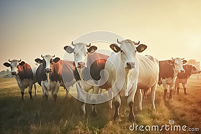 Herd of cows grazing on a farmland. Dairy cows. Sustainable farming. Stock Photo