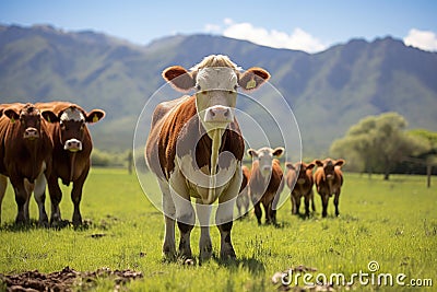 Herd of cows on a meadow with mountains in the background, Herd of cow and calf pairs on pasture on the beef cattle ranch, AI Stock Photo