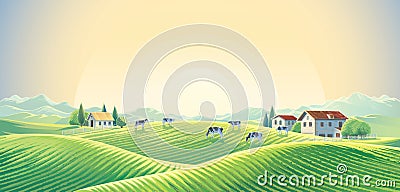 Herd of cows in summer rural landscape Vector Illustration