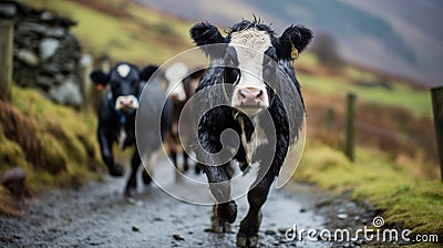 A herd of cows walking down a dirt road. Generative AI image. Stock Photo