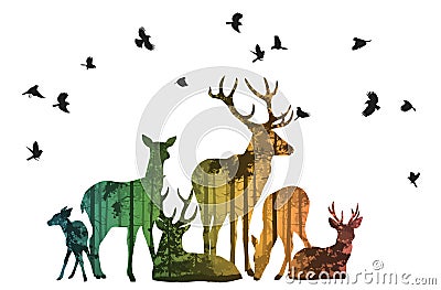 Herd of deer with birds Vector Illustration