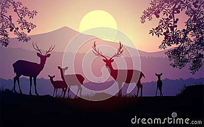Herd of deer in the natural forest. Wild animals. Mountains horizon hills silhouettes of trees. Evening Sunrise and sunset. Vector Illustration
