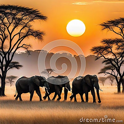 herd of elephants walking across dry grass field at sunset with the sun in the Cartoon Illustration