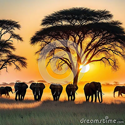 herd of elephants walking across dry grass field at sunset with the sun in the Cartoon Illustration