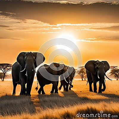 herd of elephants walking across dry grass field at sunset with the sun in the Cartoon Illustration