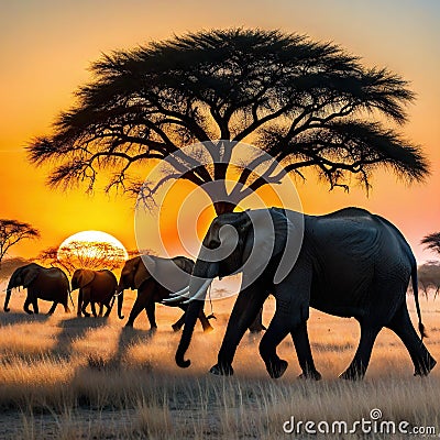 herd of elephants walking across dry grass field at sunset with the sun in the Cartoon Illustration