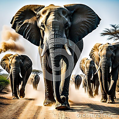 herd of elephants walking down dusty road in the dark with dust coming from Cartoon Illustration