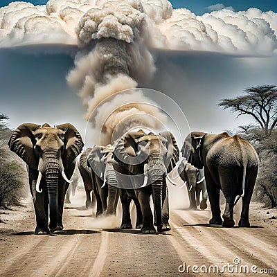 herd of elephants walking down dusty road in the dark with dust coming from Cartoon Illustration