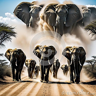 herd of elephants walking down dusty road in the dark with dust coming from Cartoon Illustration