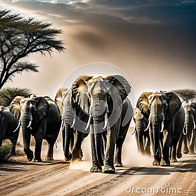 herd of elephants walking down dusty road in the dark with dust coming from Cartoon Illustration