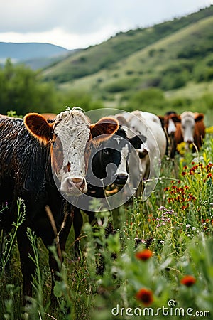 A herd of a group of cows standing in the grass, AI Stock Photo