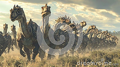 A herd of hadrosaurs honk and tet in unison creating a cacophony of sound that can be heard for miles Stock Photo