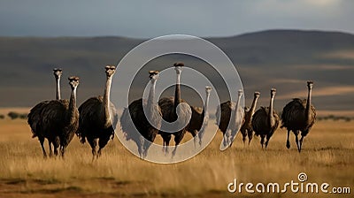 A group of ostriches running across the plain created with Generative AI Stock Photo