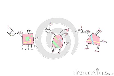 Herd of Pink Unicorns with wings and horn - Doodle Vector Illustration of a Hand Drawn Unicorn Sketch Vector Illustration