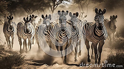 A herd of running stomping zebras walking forward kicking up clouds of sand, made with generative ai Stock Photo