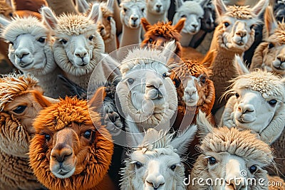 A herd of white and brown colored llamas or alpacas. Stock Photo