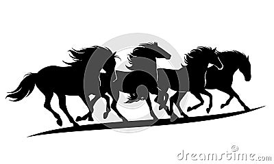 Running mustang horses herd black and white vector silhouette Vector Illustration