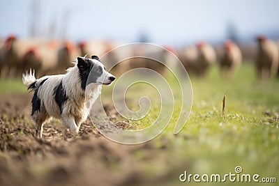 herding dog pausing as sheep graze nearby Stock Photo