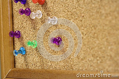 Here is a close up of multi colored color colorful push pins thumb tacks. Stock Photo