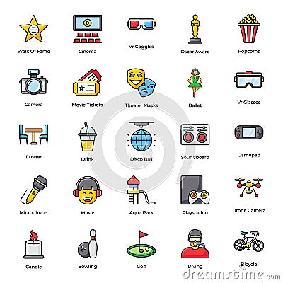 Pack Of Entertainment Flat Icons Vector Illustration