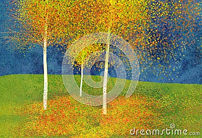 Here is a digital, computer drawn image of .Aspen trees blowing in the autumn wind Stock Photo