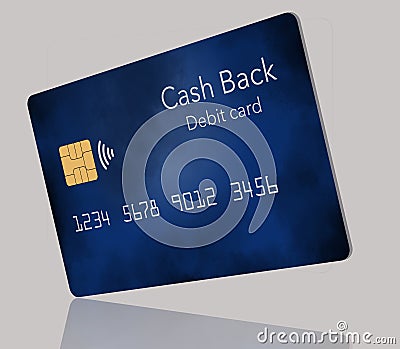 Here is generic, mock cash back debit card. It is a blue card with cloud design. Stock Photo