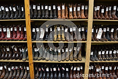 Cowboy boots in a San Antonio cowboy shop. Editorial Stock Photo