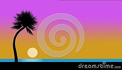 Here is a tropical beach, pelicans, sunset, juggler, palm tree, ocean and beach in foreground Cartoon Illustration