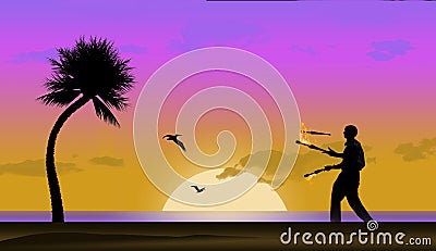 Here is a tropical beach, pelicans, sunset, juggler, palm tree, ocean and beach in foreground Cartoon Illustration