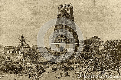 Vintage photo-Tall Gopuram of sree CHAMUNDI TEMPLE on Chamundi Mysore Editorial Stock Photo