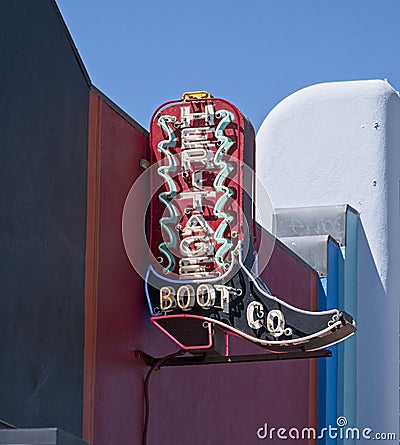 Vertical neon sign for Heritage Boot Co. Austin, Texas Editorial Stock Photo