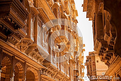 Heritage building in Rajasthan made of yellow limestone known as the Patwon ki Haveli in Jaisalmer city in India Stock Photo
