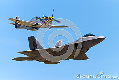 Heritage Flight F-22 Raptor and P-51 Mustang Editorial Stock Photo