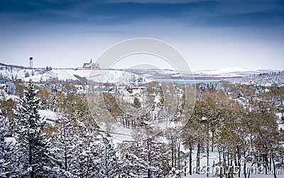 A heritage landmark hotel overlooking a town. Stock Photo