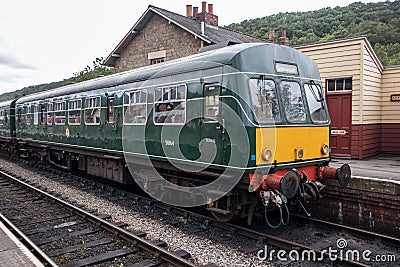 Heritage restored diesel train at railway station platform with Grosmont destination displayed. North Yorkshire Moors Railway Editorial Stock Photo