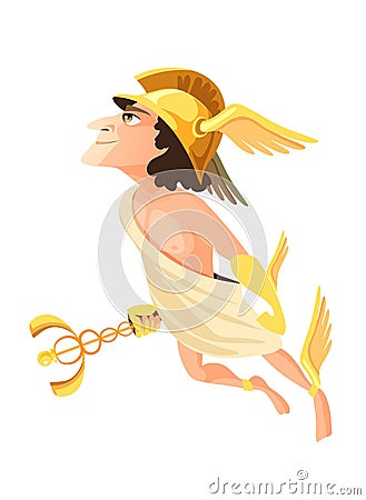 Hermes or Mercury - deity of trade, commerce and merchants of Greek and Roman pantheon, messenger of Olympian gods. Male mythical Cartoon Illustration