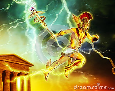 Hermes messenger of the Greek gods and patrons of traders, travelers speeding through the heavens Stock Photo