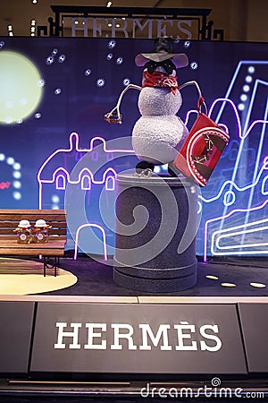 Hermes shop window in the government department store, decorated for Christmas and winter season Editorial Stock Photo