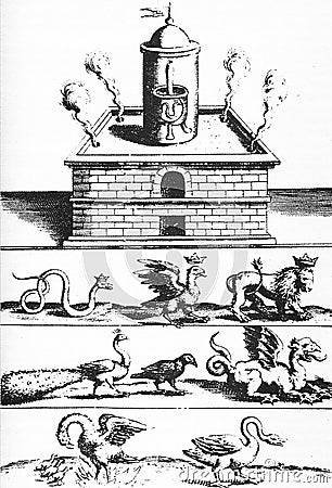 hermetic illustration of an alchemical oven and beast by michael maier Cartoon Illustration