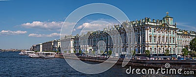 Hermitage palace on the bank of Neva river. On the waterfront there are many tour buses. Saint Petersburg, Russia. Editorial Stock Photo