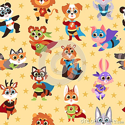 Hero animals seamless pattern. Kids superhero beasts, costume mask characters, comic superpowers creatures and stars Vector Illustration