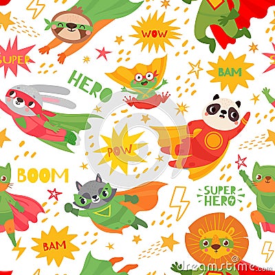 Hero animals. Superheroes animal kids with capes and masks, brave animal illustration for textile or kids wallpaper Vector Illustration